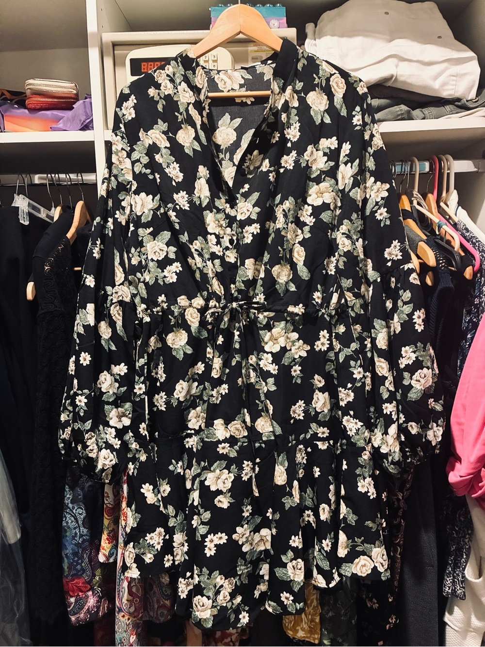Floral Tie-Waist Black Women's Dress 3X